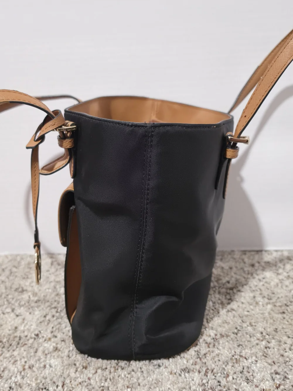 Michael Kors Tote Bag Black Brown Nylon Leather Shoulder Purse Large